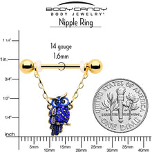 Load image into Gallery viewer, 14G 9/16 Blue Gem Gold Tone Sky Owl Chain Dangle Nipple Ring Set
