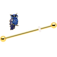 Load image into Gallery viewer, 14G Blue Gem Gold Tone Sky Owl Industrial Barbell 38mm
