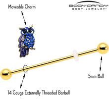 Load image into Gallery viewer, 14G Blue Gem Gold Tone Sky Owl Industrial Barbell 38mm

