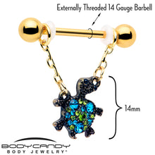 Load image into Gallery viewer, 14G 9/16 Blue Gem Gold Hue Sweet Sea Turtle Dangle Nipple Ring Set
