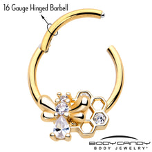 Load image into Gallery viewer, 16G 3/8 Clear CZ Gem Gold Tone Bee Hive Luv Hinged Segment Ring

