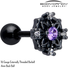 Load image into Gallery viewer, 16G 1/4 Purple CZ Gem Black Flower Ring Cartilage Tragus Earring
