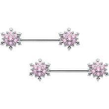 Load image into Gallery viewer, 14G 9/16 Pink CZ Gem Snowflake Glam Barbell Nipple Ring Set
