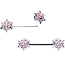 Load image into Gallery viewer, 14G 9/16 Pink CZ Gem Snowflake Glam Barbell Nipple Ring Set
