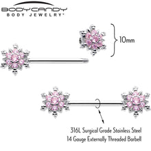 Load image into Gallery viewer, 14G 9/16 Pink CZ Gem Snowflake Glam Barbell Nipple Ring Set
