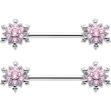 Load image into Gallery viewer, 14G 9/16 Pink CZ Gem Snowflake Glam Barbell Nipple Ring Set
