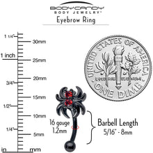 Load image into Gallery viewer, 16G 5/16 Red CZ Gem Black Sleek Spider Curved Eyebrow Ring
