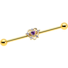 Load image into Gallery viewer, 14G Purple CZ Gem Gold Tone Heart of Love Industrial Barbell 38mm
