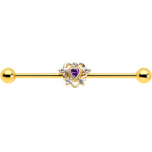 Load image into Gallery viewer, 14G Purple CZ Gem Gold Tone Heart of Love Industrial Barbell 38mm
