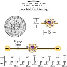 Load image into Gallery viewer, 14G Purple CZ Gem Gold Tone Heart of Love Industrial Barbell 38mm
