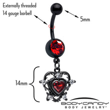Load image into Gallery viewer, Red CZ Gem Black Double Heart Dangle Belly Ring

