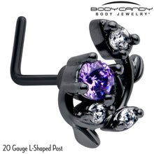 Load image into Gallery viewer, 20G 7mm Purple Clear Gem Black Twining Vine L Shape Nose Ring
