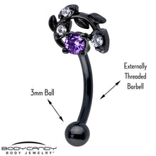 Load image into Gallery viewer, 16G 5/16 Purple Gem Black Twining Vine Curved Eyebrow Ring
