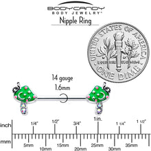 Load image into Gallery viewer, 14G 9/16 Aurora Gem Fanciful Green Mushroom Barbell Nipple Ring Set
