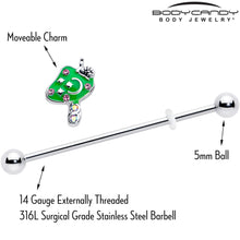 Load image into Gallery viewer, 14G Pink Gem Fanciful Green Mushroom Industrial Barbell 38mm
