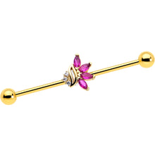 Load image into Gallery viewer, 14G Red CZ Gem Gold Tone Swirl Fan Industrial Barbell 38mm
