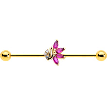 Load image into Gallery viewer, 14G Red CZ Gem Gold Tone Swirl Fan Industrial Barbell 38mm
