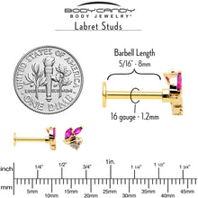 Load image into Gallery viewer, 16G 5/16 Red CZ Gem Gold Tone Swirl Fan Labret Monroe Tragus
