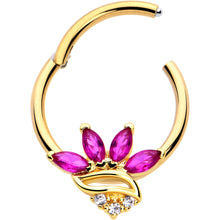 Load image into Gallery viewer, 16G 3/8 Red CZ Gem Gold Tone Swirl Fan Hinged Segment Ring
