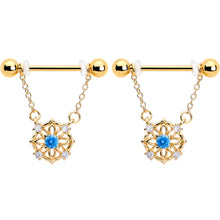 Load image into Gallery viewer, 14G 9/16 Blue CZ Gem Gold Tone Flower Ring Dangle Nipple Ring Set

