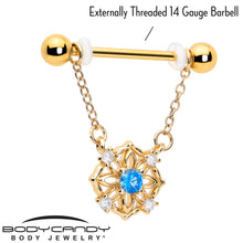 Load image into Gallery viewer, 14G 9/16 Blue CZ Gem Gold Tone Flower Ring Dangle Nipple Ring Set
