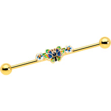 Load image into Gallery viewer, 14G Blue Gem Gold Tone Butterfly Colors Industrial Barbell 38mm
