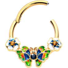 Load image into Gallery viewer, 16G 3/8 Blue Gem Gold Tone Butterfly Colors Hinged Segment Ring
