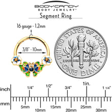 Load image into Gallery viewer, 16G 3/8 Blue Gem Gold Tone Butterfly Colors Hinged Segment Ring
