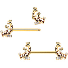 Load image into Gallery viewer, 14G 9/16 Clear CZ Gem Gold Tone Mom Baby Giraffes Nipple Ring Set
