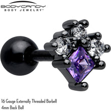 Load image into Gallery viewer, 16G 1/4 Purple CZ Gem Black Rhombus Riot Cartilage Tragus Earring
