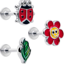 Load image into Gallery viewer, 16G 5/16 Ladybug Hippie Flower Labret Monroe Tragus Set of 3
