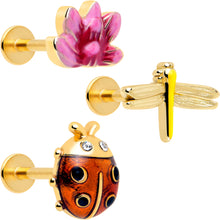 Load image into Gallery viewer, 16G 5/16 Clear Gem Gold Tone Ladybug Lotus Labret Tragus Set of 3
