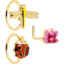 Load image into Gallery viewer, 20G Clear Gem Gold Tone Lotus Ladybug L Shape Nose Hoop Set of 3
