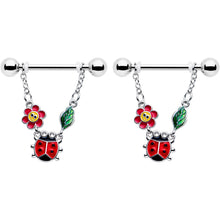 Load image into Gallery viewer, 14G 9/16 Ladybug Hippie Flower Chain Dangle Nipple Ring Set
