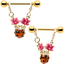 Load image into Gallery viewer, 14G 9/16 Clear Gem Gold Tone ladybug Lotus Dangle Nipple Ring Set

