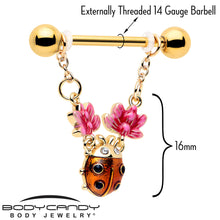 Load image into Gallery viewer, 14G 9/16 Clear Gem Gold Tone ladybug Lotus Dangle Nipple Ring Set
