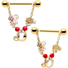 Load image into Gallery viewer, 14G 9/16 Gold Tone Mouse Sheep Squirrel Dangle Nipple Ring Set
