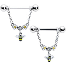 Load image into Gallery viewer, 14G 9/16 Yellow CZ Gem Flower Bee Chain Dangle Nipple Ring Set
