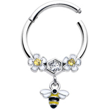 Load image into Gallery viewer, 16G 3/8 Yellow CZ Gem Flower Bee Dangle Hinged Segment Ring
