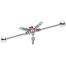 Load image into Gallery viewer, 14G Pink Orange Gem Swank Dragonfly Dangle Industrial Barbell 38mm
