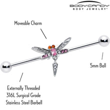 Load image into Gallery viewer, 14G Pink Orange Gem Swank Dragonfly Dangle Industrial Barbell 38mm
