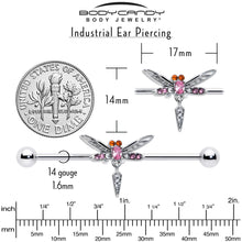Load image into Gallery viewer, 14G Pink Orange Gem Swank Dragonfly Dangle Industrial Barbell 38mm
