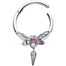 Load image into Gallery viewer, 16G 3/8 Pink Gem Swank Dragonfly Dangle Hinged Segment Ring
