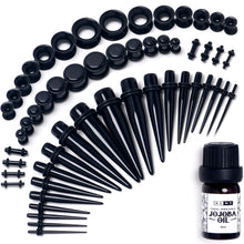 Load image into Gallery viewer, 14G to 1/2 Black Acrylic 54 Piece Ear Stretching Kit with Jojoba Oil

