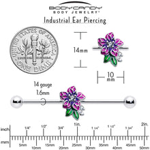 Load image into Gallery viewer, 14G Clear CZ Gem Flower Purple Industrial Barbell 38mm
