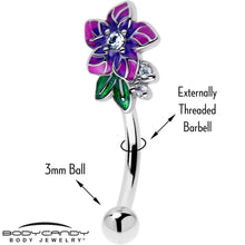 Load image into Gallery viewer, 16G 5/16 Clear CZ Gem Flower Purple Curved Eyebrow Ring
