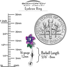 Load image into Gallery viewer, 16G 5/16 Clear CZ Gem Flower Purple Curved Eyebrow Ring
