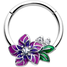 Load image into Gallery viewer, 16G 3/8 Clear CZ Gem Flower Purple Hinged Segment Ring
