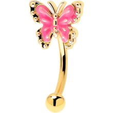 Load image into Gallery viewer, 16G 5/16 Gold Tone Butterfly Pink Splash Curved Eyebrow Ring
