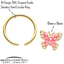 Load image into Gallery viewer, 16G 3/8 Gold Tone Butterfly Pink Splash BCR Captive Charm Ring
